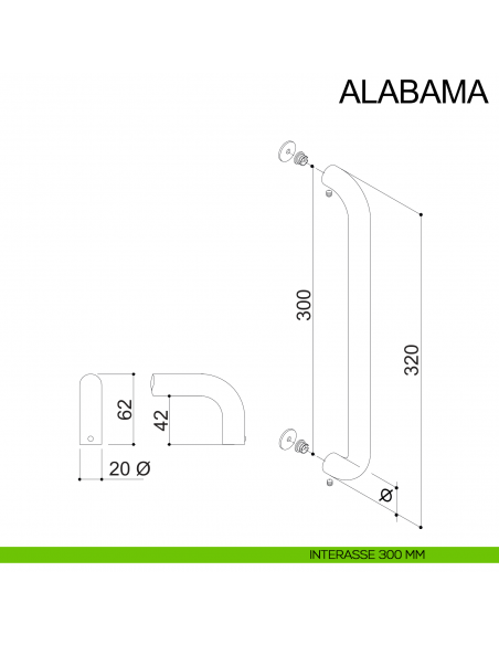 Maniglione tubolare dritto in acciaio per porta diametro 20 mm Alabama Fimet Inox disegno interasse 300 mm