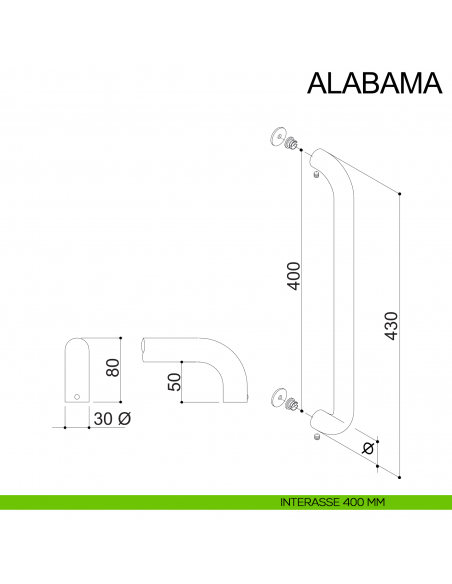 Maniglione in acciaio dritto tubolare per porta diametro 20 mm Alabama Fimet Inox disegno interasse 400 mm
