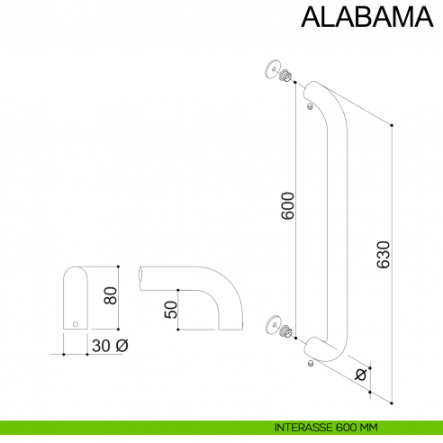 Maniglione in acciaio dritto tubolare per porta diametro 20 mm Alabama Fimet Inox disegno interasse 600  mm