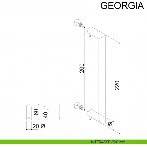 Maniglione tondo dritto in acciaio per porta diametro 20 mm Georgia Fimet Inox disegno interasse 200 mm