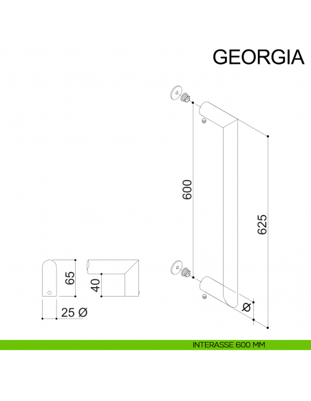 Maniglione dritto in acciaio tondo per porta diametro 25 mm Georgia Fimet Inox disegno interasse 600 mm