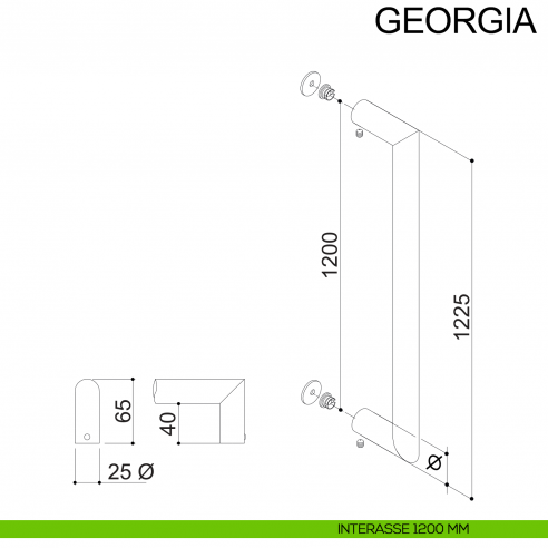 Maniglione dritto in acciaio tondo per porta diametro 25 mm Georgia Fimet Inox disegno interasse 1200 mm