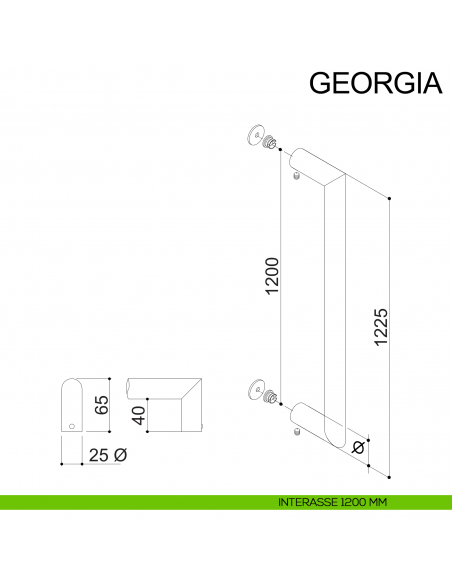 Maniglione dritto in acciaio tondo per porta diametro 25 mm Georgia Fimet Inox disegno interasse 1200 mm