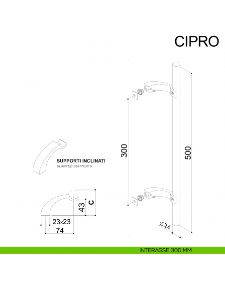 Maniglione tondo inclinato in acciaio per porta diametro 25 mm Cipro Fimet Inox disegno interasse 300 mm