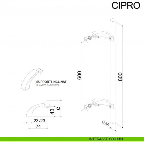 Maniglione tondo inclinato in acciaio per porta diametro 25 mm Cipro Fimet Inox disegno interasse 600 mm