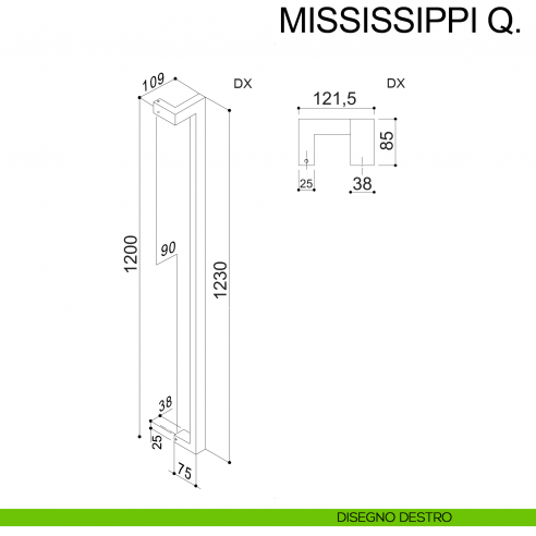 Maniglione squadrato zancato in acciaio per porta 25x38 mm Mississippi Q Fimet Inox disegno destro