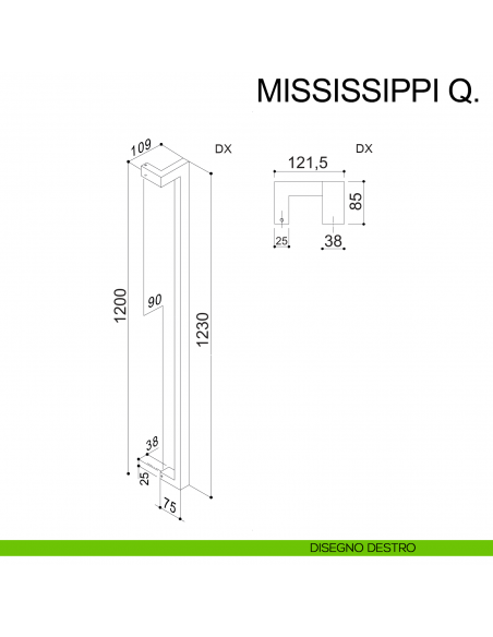 Maniglione squadrato zancato in acciaio per porta 25x38 mm Mississippi Q Fimet Inox disegno destro