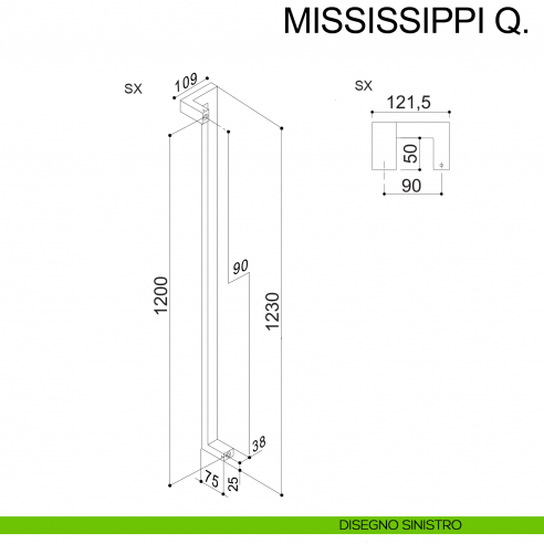 Maniglione squadrato zancato in acciaio per porta 25x38 mm Mississippi Q Fimet Inox disegno sinistro