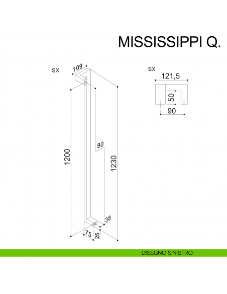Maniglione squadrato zancato in acciaio per porta 25x38 mm Mississippi Q Fimet Inox disegno sinistro