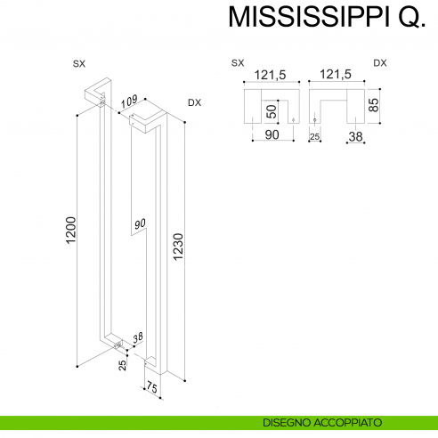 Maniglione squadrato zancato in acciaio per porta 25x38 mm Mississippi Q Fimet Inox disegno accoppiato
