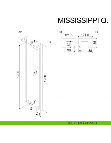 Maniglione squadrato zancato in acciaio per porta 25x38 mm Mississippi Q Fimet Inox disegno accoppiato