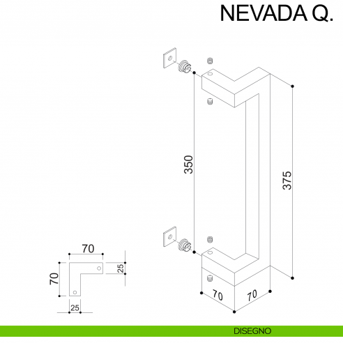 Maniglione quadrato in acciaio zancato per porta 25x25 mm Nevada Q Fimet Inox disegno interasse