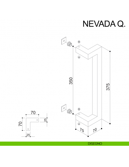 Maniglione quadrato in acciaio zancato per porta 25x25 mm Nevada Q Fimet Inox disegno interasse