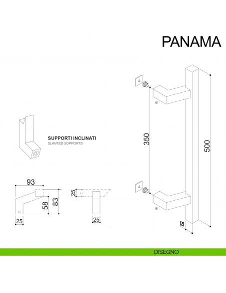 Maniglione in acciaio inclinato quadrato per porta 25x25 mm Panama Fimet Inox disegno interasse