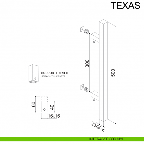 Maniglione dritto quadrato in acciaio per porta 20x20 mm Texas Fimet Inox disegno interasse 300 mm