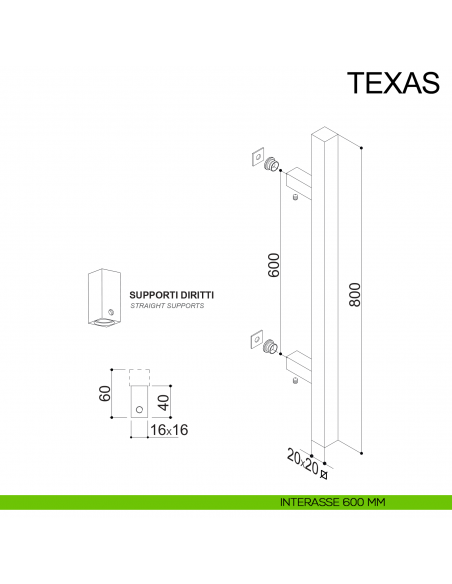 Maniglione dritto quadrato in acciaio per porta 20x20 mm Texas Fimet Inox disegno interasse 600 mm