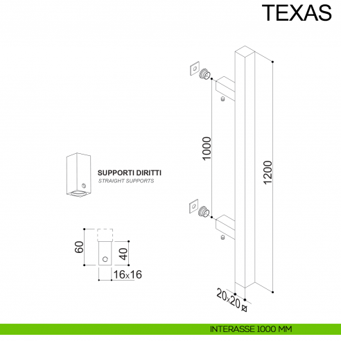 Maniglione dritto quadrato in acciaio per porta 20x20 mm Texas Fimet Inox disegno interasse 1000