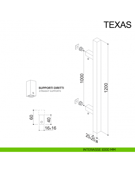Maniglione dritto quadrato in acciaio per porta 20x20 mm Texas Fimet Inox disegno interasse 1000