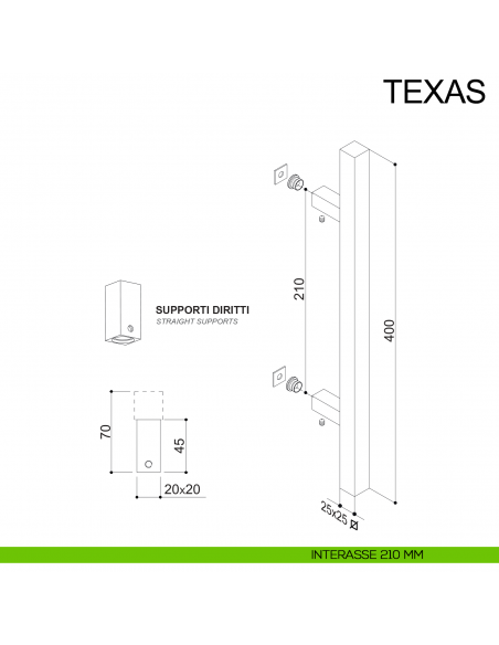 Maniglione in acciaio quadrato dritto per porta 25x25 mm Texas Fimet Inox disegno interasse 210 mm