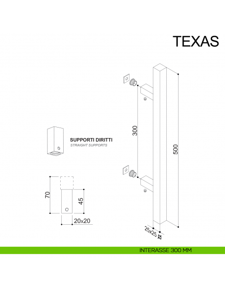 Maniglione in acciaio quadrato dritto per porta 25x25 mm Texas Fimet Inox disegno interasse 300 mm