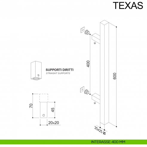 Maniglione in acciaio quadrato dritto per porta 25x25 mm Texas Fimet Inox disegno interasse 400 mm
