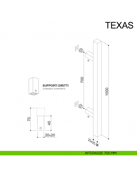 Maniglione in acciaio quadrato dritto per porta 25x25 mm Texas Fimet Inox disegno interasse 700 mm