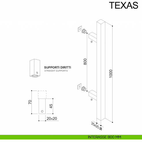 Maniglione in acciaio quadrato dritto per porta 25x25 mm Texas Fimet Inox disegno interasse 800 mm