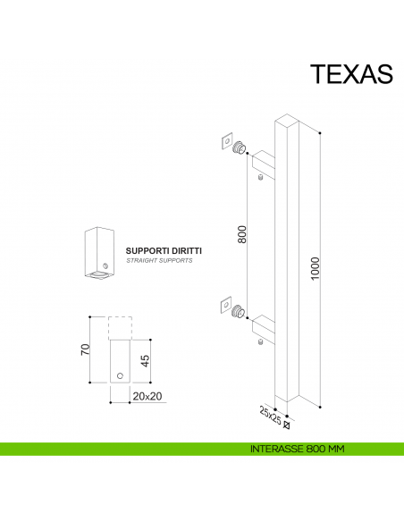 Maniglione in acciaio quadrato dritto per porta 25x25 mm Texas Fimet Inox disegno interasse 800 mm