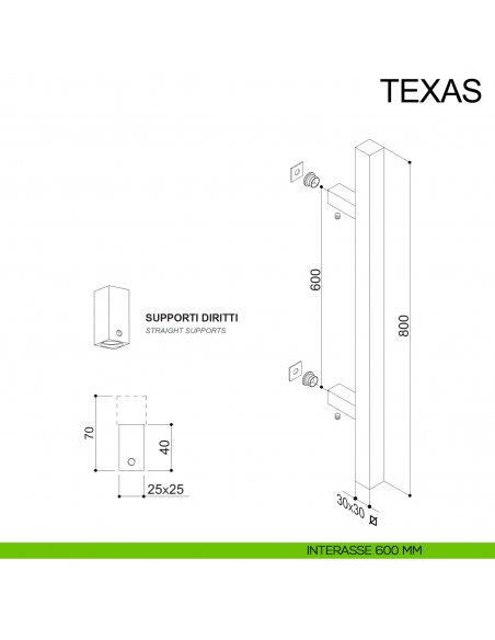 Maniglione quadrato dritto in acciaio per porta 30x30 mm Texas Fimet Inox disegno interasse 600 mm