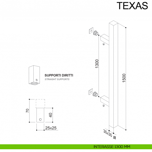Maniglione quadrato dritto in acciaio per porta 30x30 mm Texas Fimet Inox disegno interasse 1300 mm