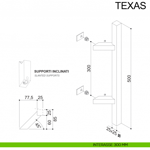 Maniglione inclinato in acciaio squadrato per porta 25x25 mm Texas Fimet Inox disegno interasse 300 mm