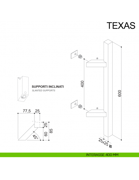 Maniglione inclinato in acciaio squadrato per porta 25x25 mm Texas Fimet Inox disegno interasse 400 mm