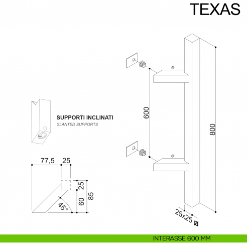 Maniglione inclinato in acciaio squadrato per porta 25x25 mm Texas Fimet Inox disegno interasse 600 mm