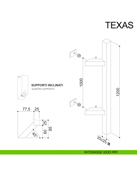 Maniglione inclinato in acciaio squadrato per porta 25x25 mm Texas Fimet Inox disegno interasse 1000 mm