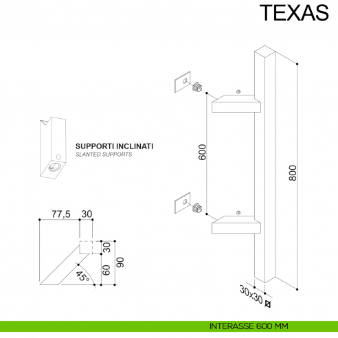 Maniglione zancato quadrato in acciaio per porta 30x30 mm Texas Fimet Inox disegno interasse 300 mm disegno interasse 600 mm