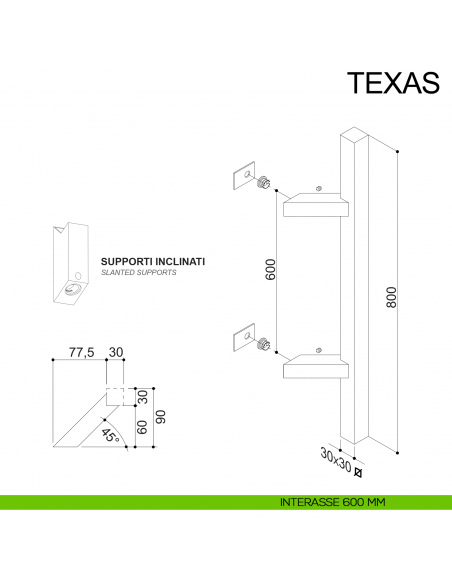 Maniglione zancato quadrato in acciaio per porta 30x30 mm Texas Fimet Inox disegno interasse 300 mm disegno interasse 600 mm