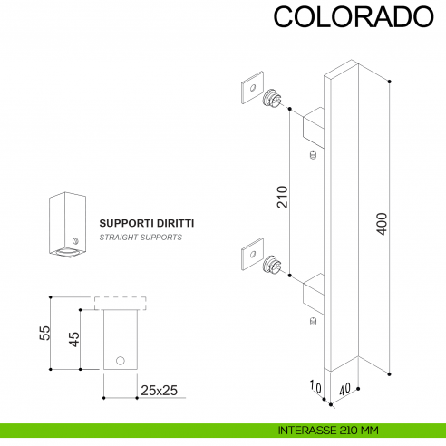 Maniglione in acciaio quadrato dritto per porta 40x10 mm Colorado Fimet Inox disegno interasse 210 mm