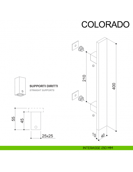 Maniglione in acciaio quadrato dritto per porta 40x10 mm Colorado Fimet Inox disegno interasse 210 mm