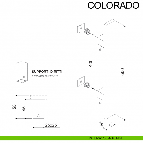 Maniglione in acciaio quadrato dritto per porta 40x10 mm Colorado Fimet Inox disegno interasse 400 mm