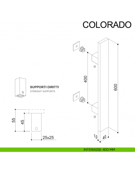 Maniglione in acciaio quadrato dritto per porta 40x10 mm Colorado Fimet Inox disegno interasse 400 mm