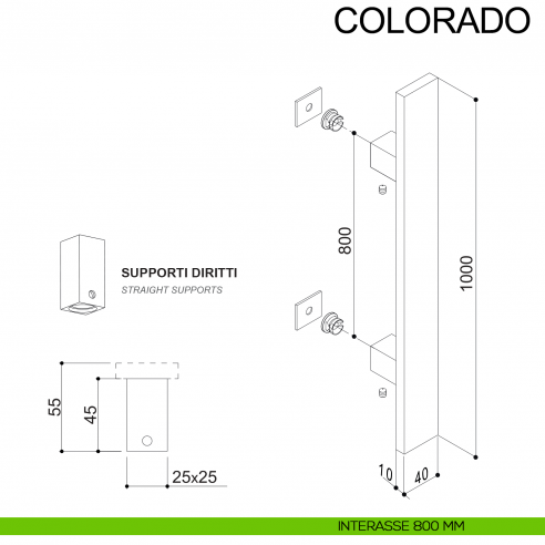 Maniglione in acciaio quadrato dritto per porta 40x10 mm Colorado Fimet Inox disegno interasse 800 mm