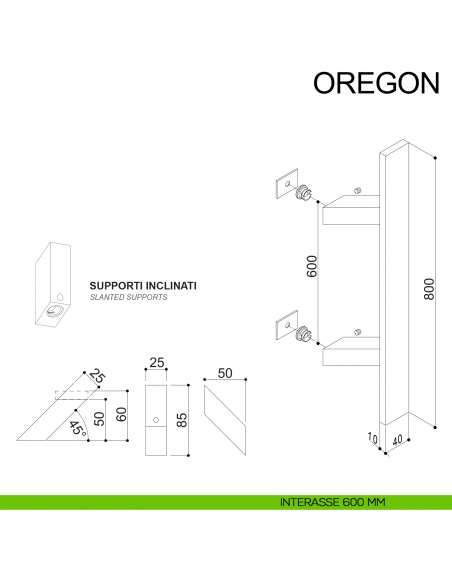 Maniglione squadrato inclinato in acciaio per porta 40x10 mm Oregon Fimet Inox disegno interasse 600 mm