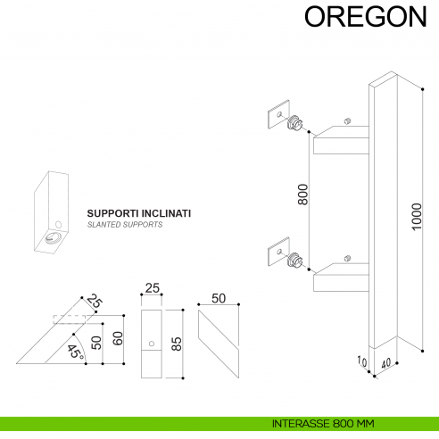 Maniglione squadrato inclinato in acciaio per porta 40x10 mm Oregon Fimet Inox disegno interasse 800 mm