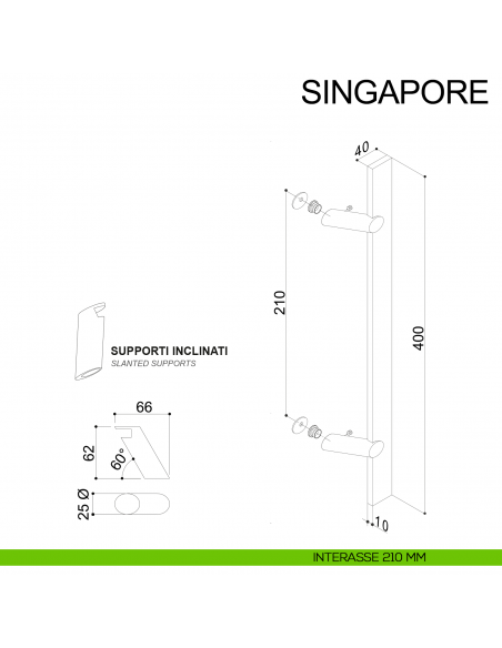 Maniglione in acciaio squadrato zancato per porta 40x10 mm Singapore Fimet Inox disegno interasse 210 mm