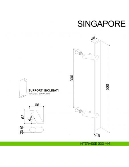 Maniglione in acciaio squadrato zancato per porta 40x10 mm Singapore Fimet Inox disegno interasse 300 mm