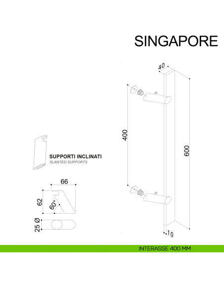 Maniglione in acciaio squadrato zancato per porta 40x10 mm Singapore Fimet Inox disegno interasse 400 mm