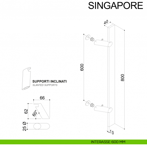 Maniglione in acciaio squadrato zancato per porta 40x10 mm Singapore Fimet Inox disegno interasse 600 mm