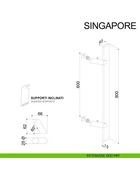 Maniglione in acciaio squadrato zancato per porta 40x10 mm Singapore Fimet Inox disegno interasse 600 mm