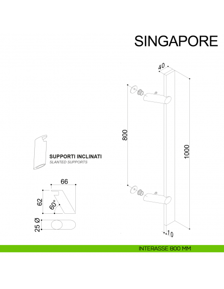 Maniglione in acciaio squadrato zancato per porta 40x10 mm Singapore Fimet Inox disegno interasse 800 mm