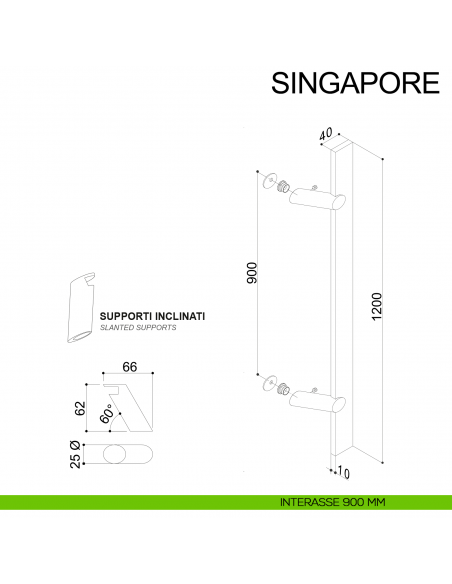 Maniglione in acciaio squadrato zancato per porta 40x10 mm Singapore Fimet Inox disegno interasse 900 mm